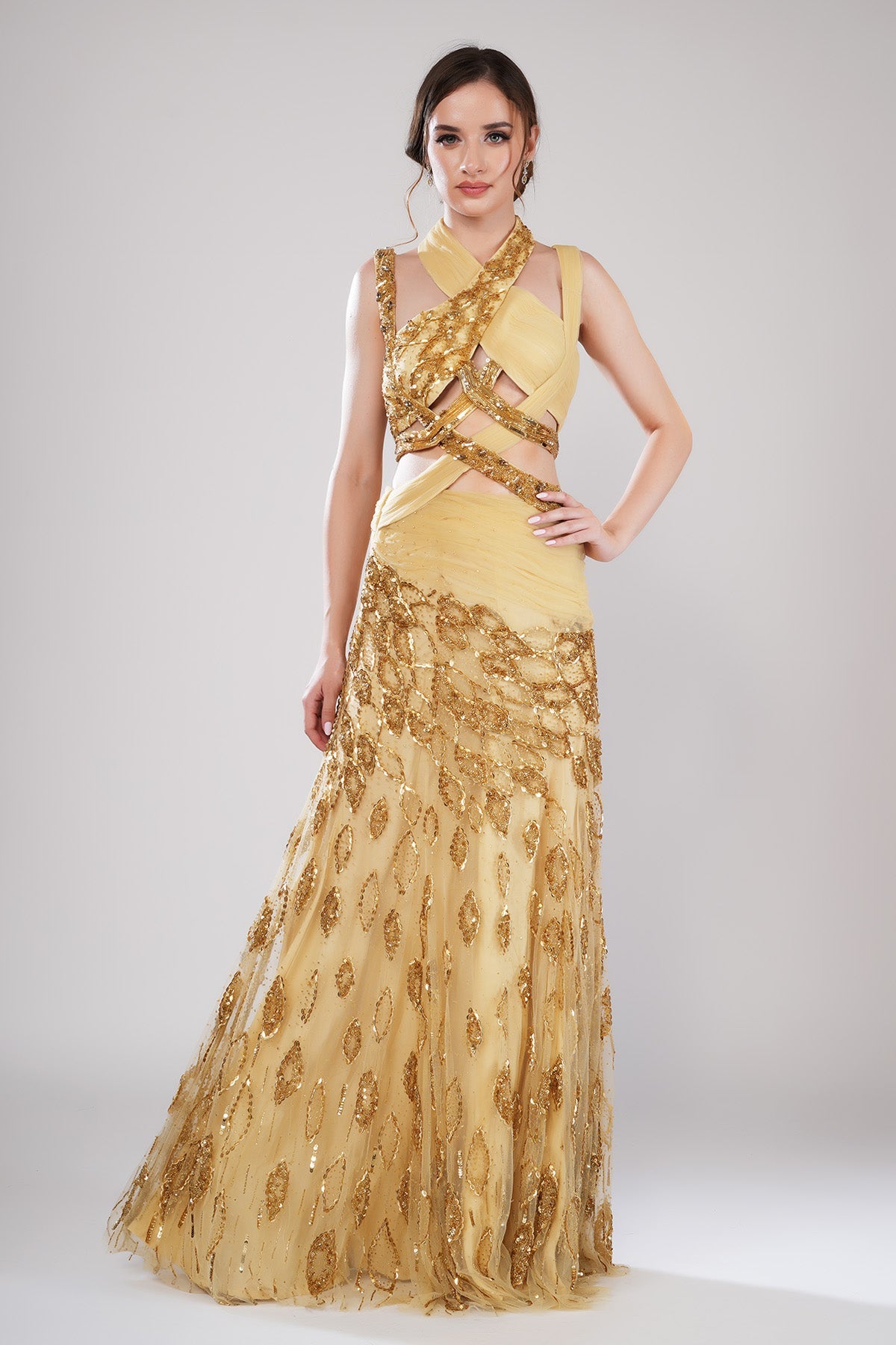 Buy Gold Embellished Pleated Gown by Smita Shrinivas for women online at ScrollnShops